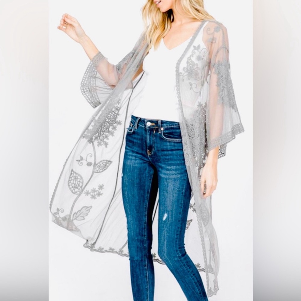 EUC LACE MESH KIMONO KNEE LENGTH - Picture 3 of 9